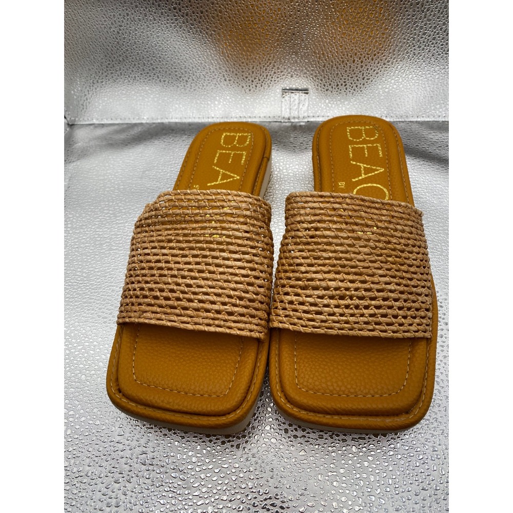 Beach by Matisse Women Woven Raffia Square Toe Platform Slide Sandal Mustard Tan